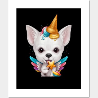 White Smooth Coat Chihuahua Ice Cream Unicorn Posters and Art